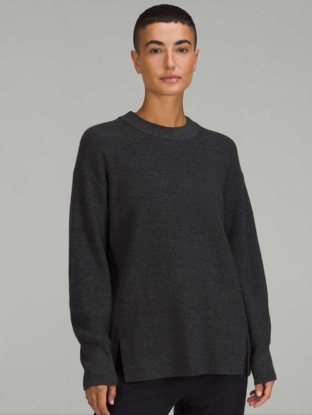 Lululemon Merino Wool-Blend Ribbed Crewneck Sweater Heathered Black Women's 10